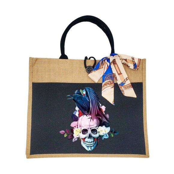Custom Canvas Tote Bag, Large Size - Skulls Option #3 - Black or Cream Tote - Picture 3 of 14